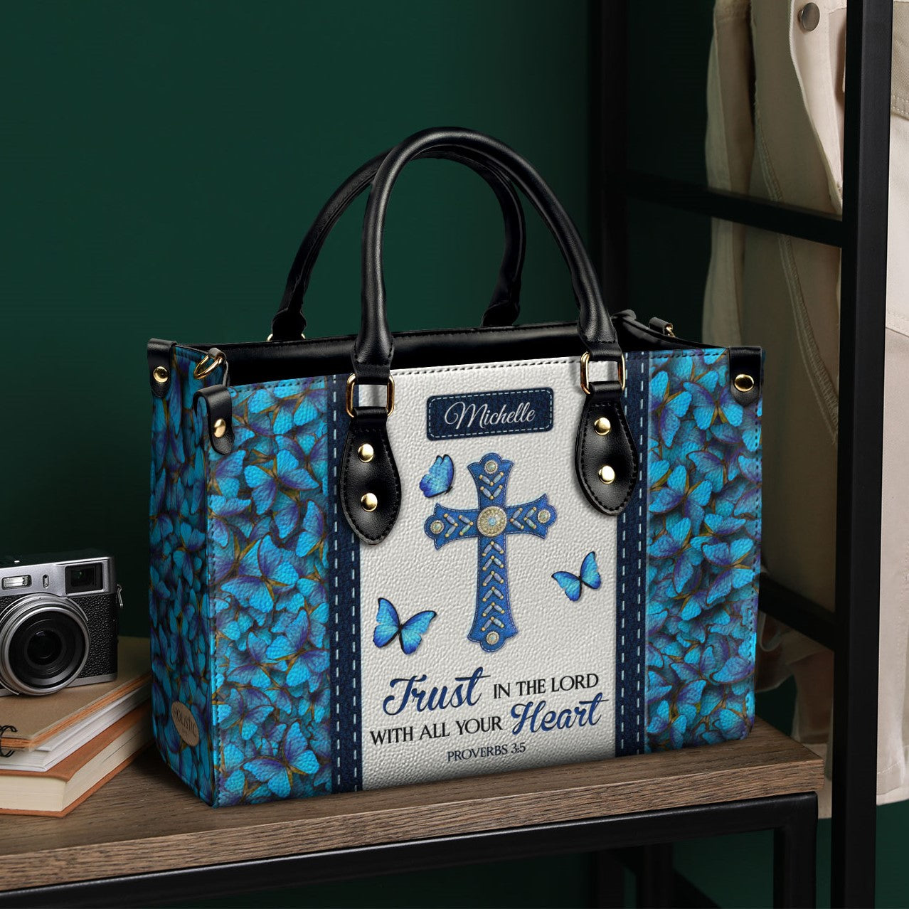 Trust in the Lord Proverbs 3 5 Blue Butterfly Leather Bag