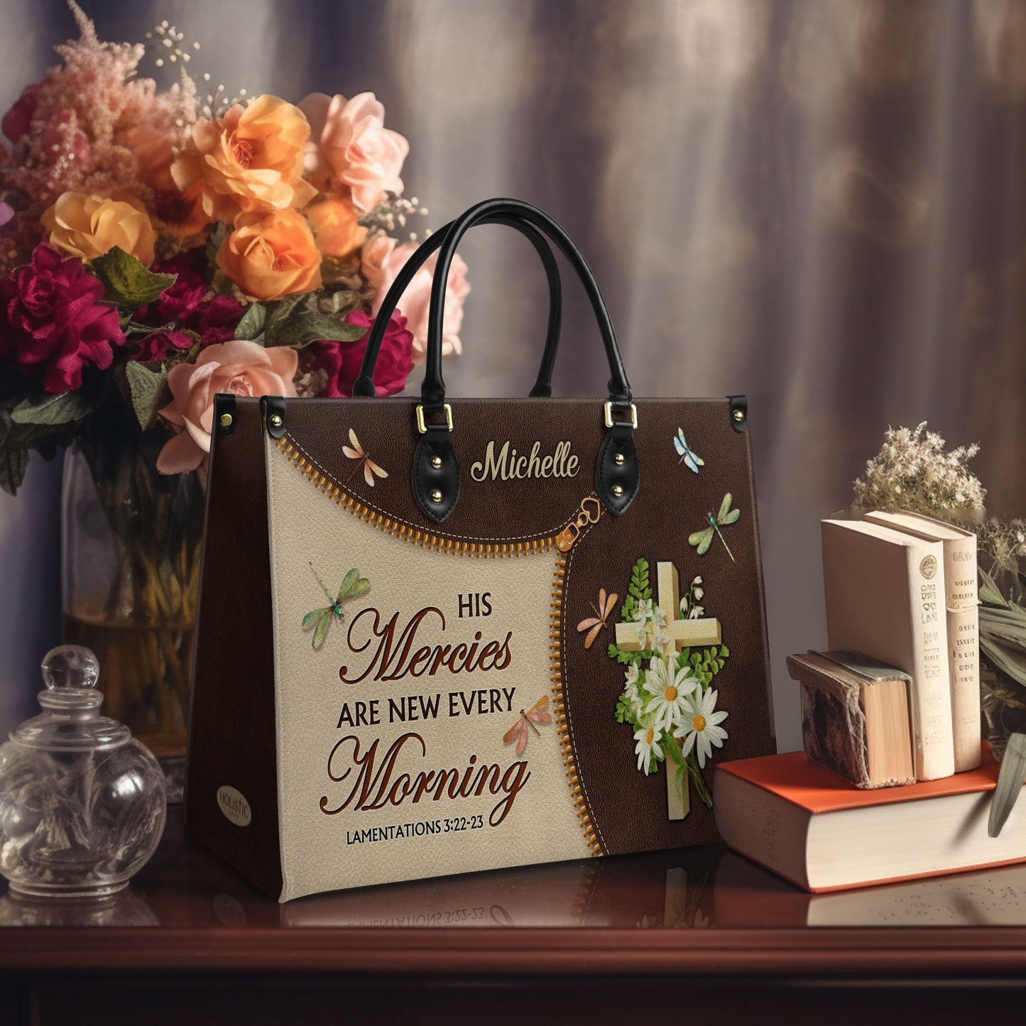 His Mercies Are New Every Morning Lamentations 3 22 23 Dragonfly Daisy Leather Bag