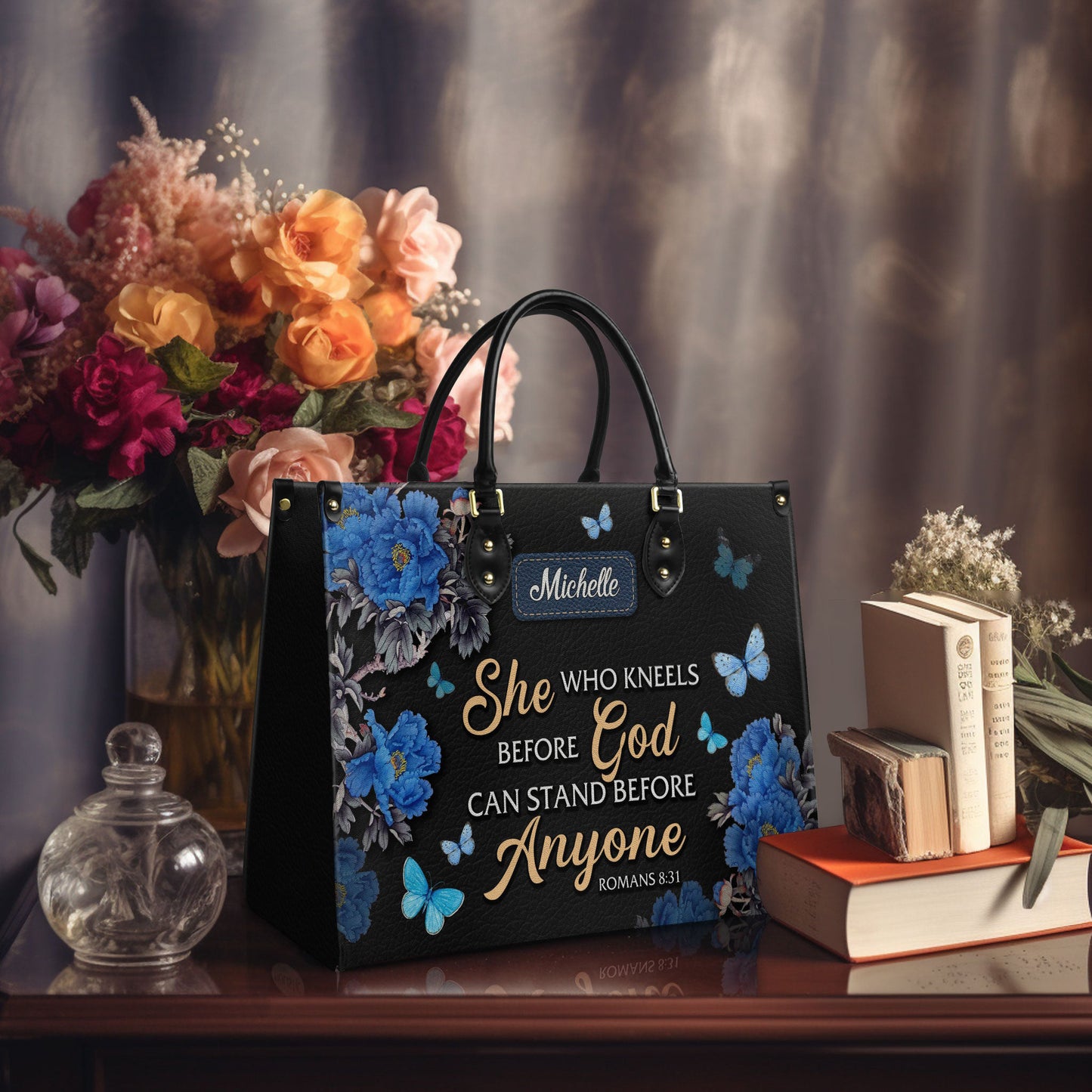 She Who Kneels Before God Romans 8 31 Leather Bag
