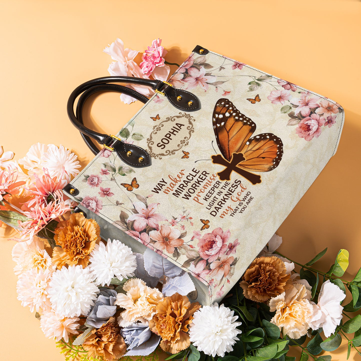 Way Maker Miracle Worker Vintage Butterfly Flower Leather Bag