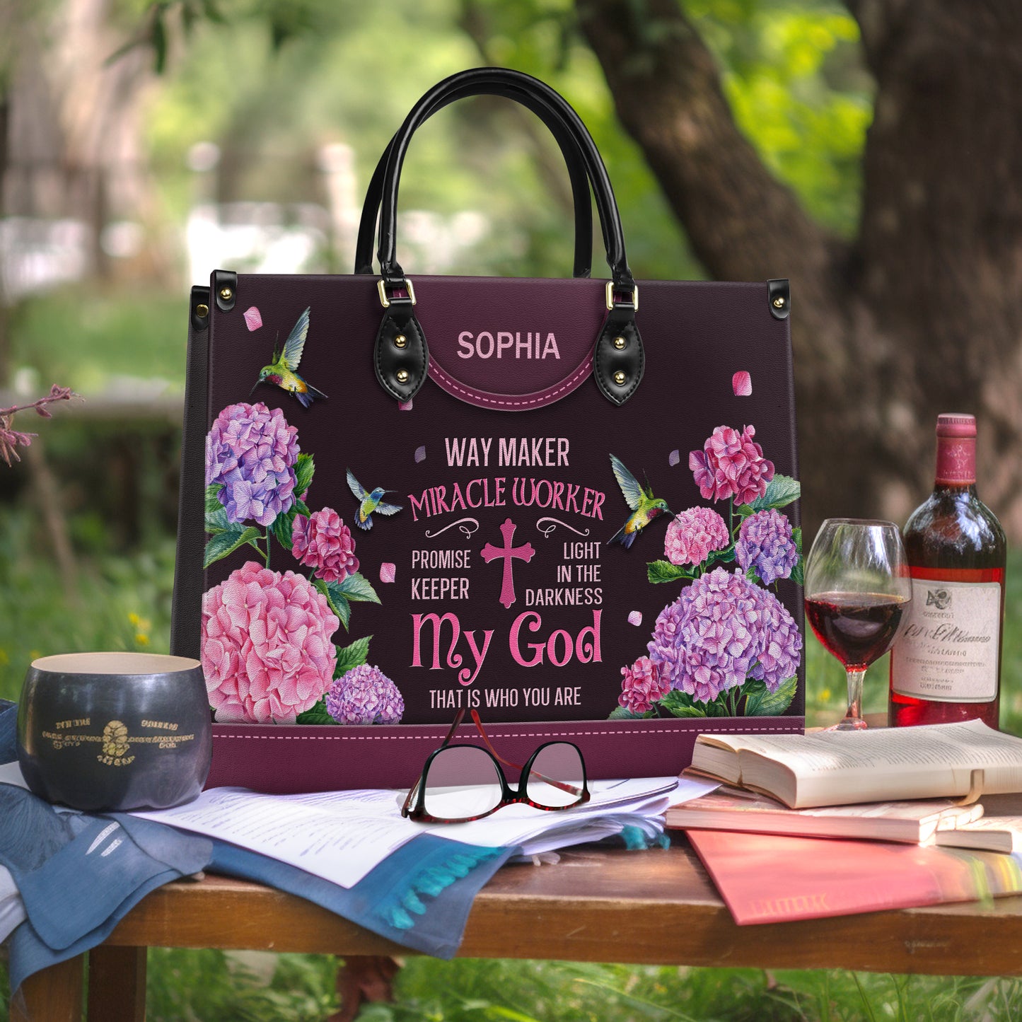 Way Maker Miracle Worker Hummingbird Hydrangea Leather Bag