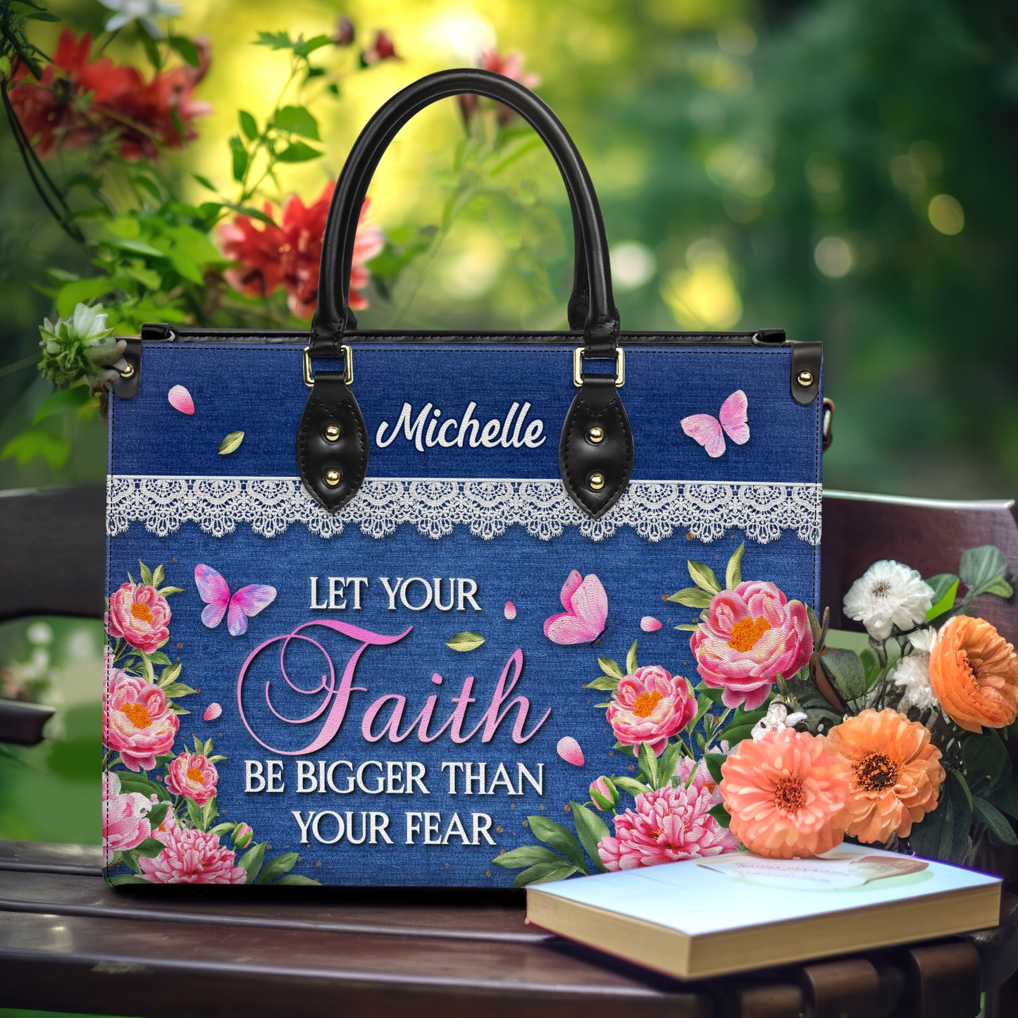 Let Your Faith Be Bigger Than Your Fear Butterfly Flower Leather Bag