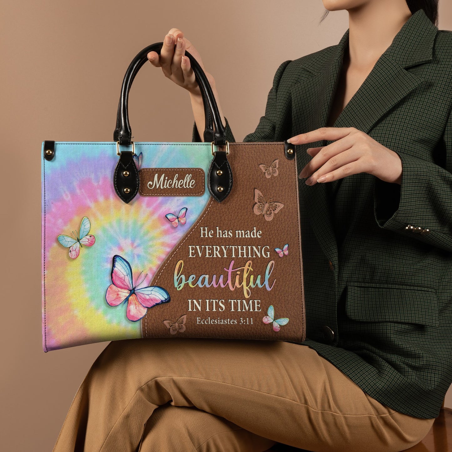 He Has Made Everything Beautiful In Its Time Ecclesiastes 3 11 Butterfly Tie Dye Leather Bag