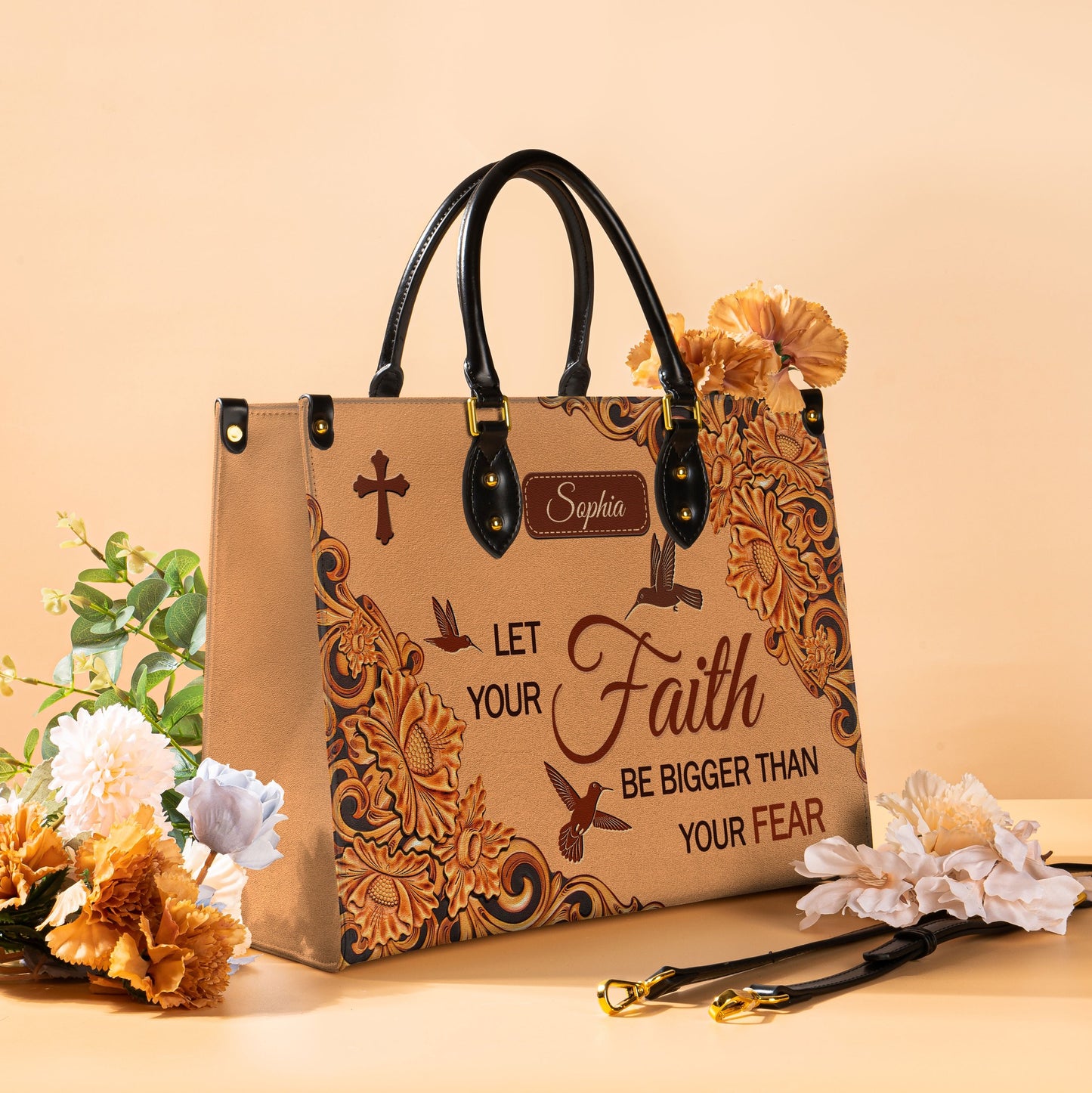 Let Your Faith Be Bigger Than Your Fear Hummingbird Flower Carving Style Leather Bag