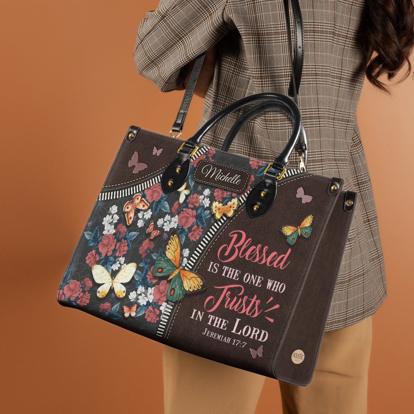 Blessed Is The One Who Trusts In The Lord Jeremiah 17 7 Butterfly Flower Pattern Leather Bag