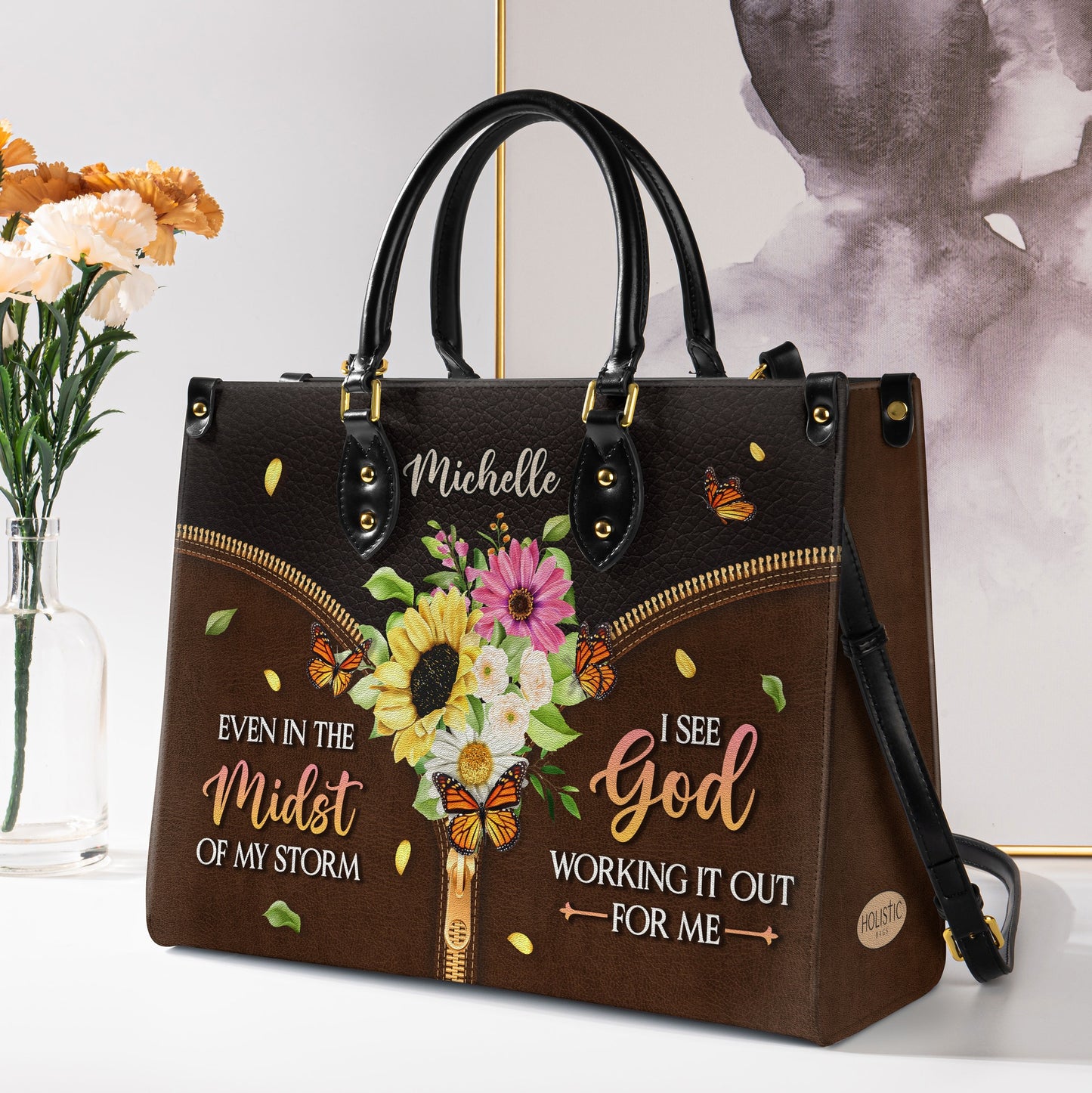Even In The Midst Of My Storm Butterfly Flower Leather Bag