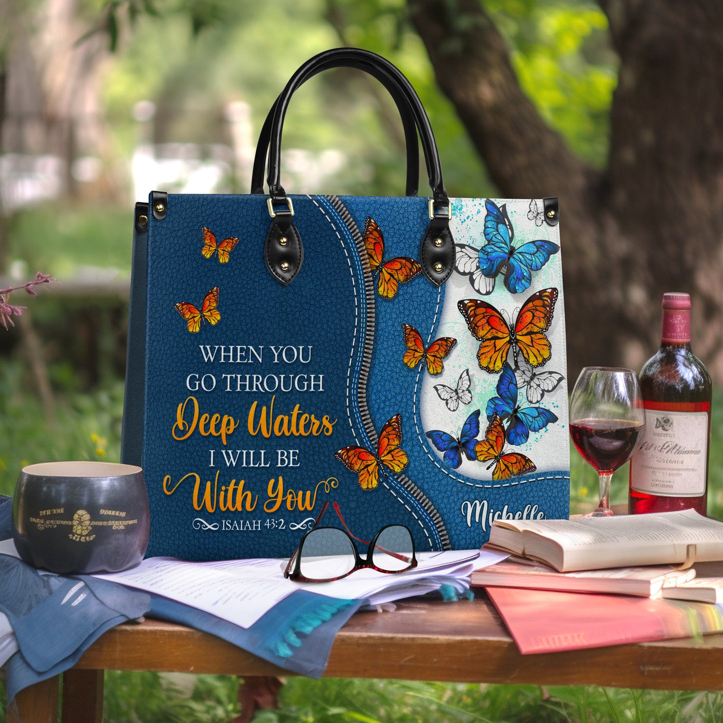 When You Go Through Deep Waters Isaiah 43 2 Butterfly Leather Bag