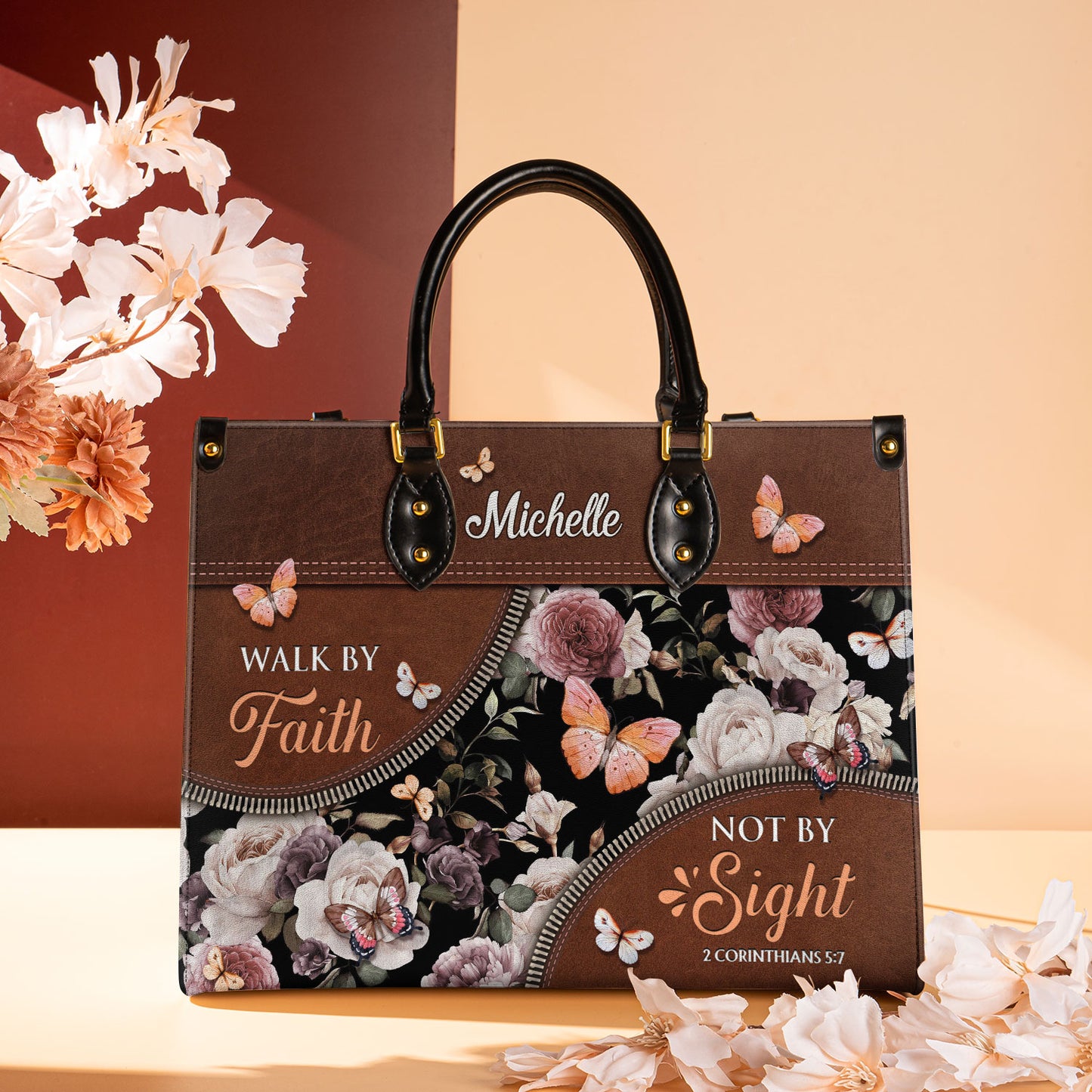 Walk By Faith Not By Sight 2 Corinthians 5 7 Butterfly Flower Leather Bag