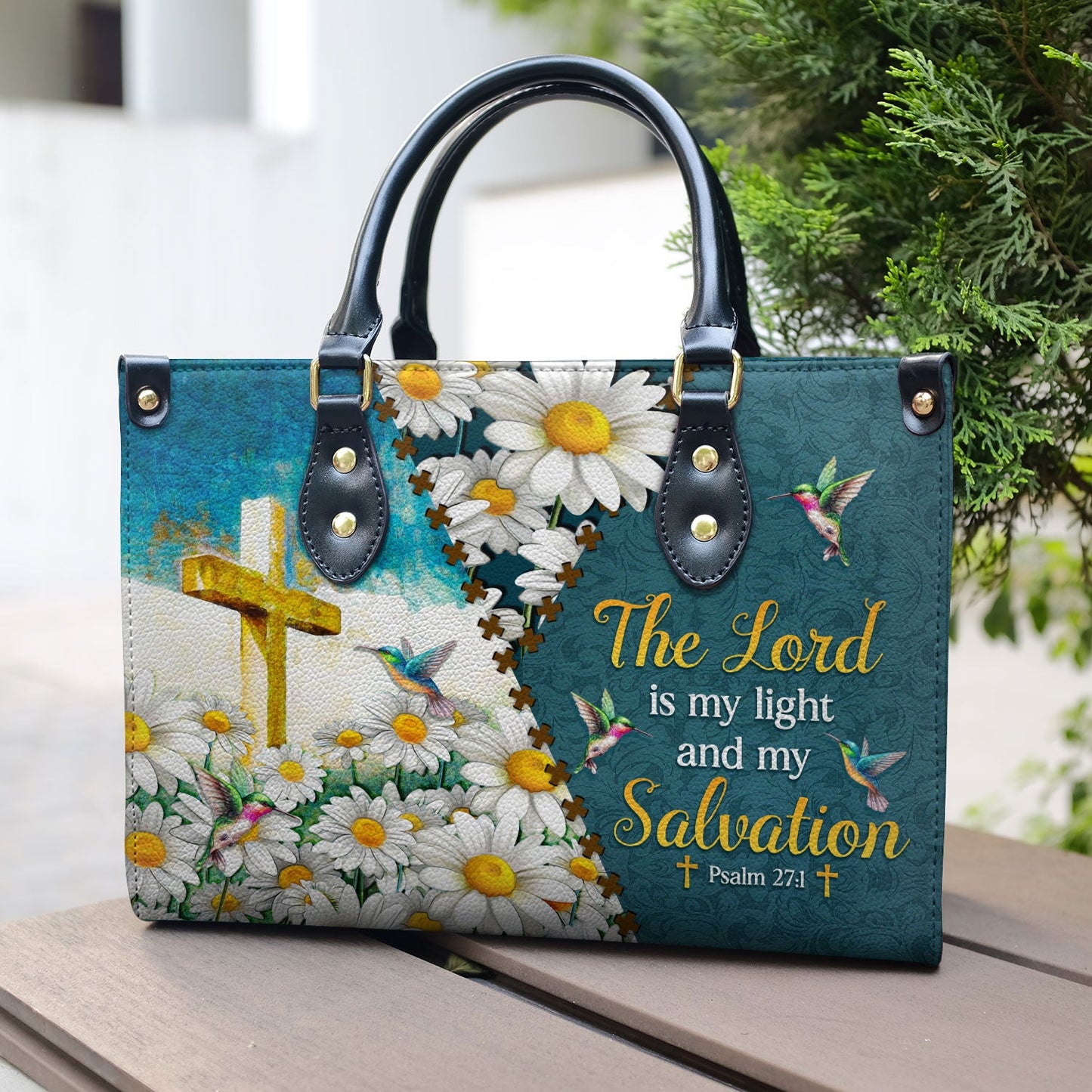 The Lord Is My Light And My Salvation Psalm 27 1 Hummingbird Daisy Leather Bag