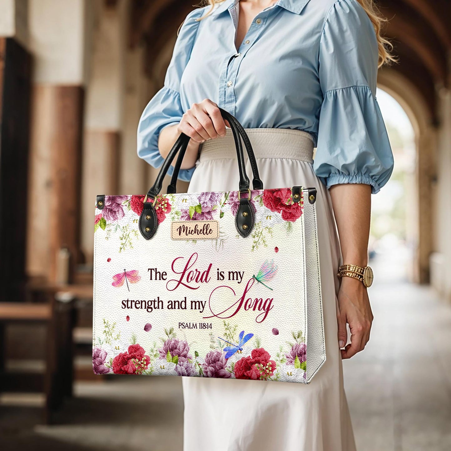 The Lord Is My Strength And My Song Psalm 118 14 Dragonfly Flower Leather Bag