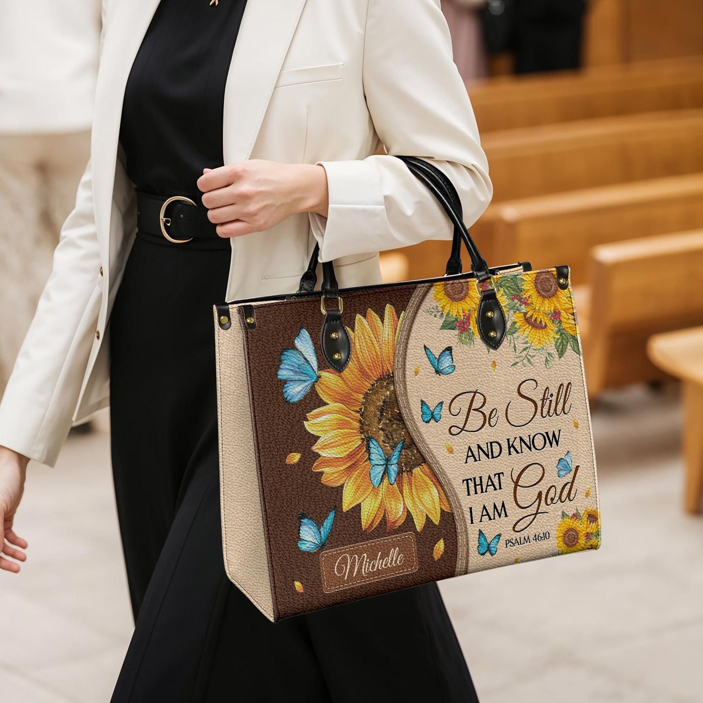 Be Still And Know That I Am God Psalm 46 10 Sunflower Butterfly Leather Bag
