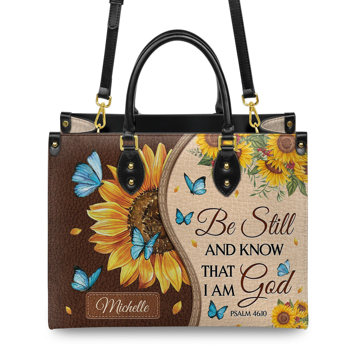 Be Still And Know That I Am God Psalm 46 10 Sunflower Butterfly Leather Bag