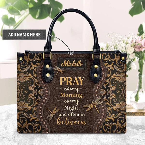 Pray Every Morning Dragonfly Leather Bag