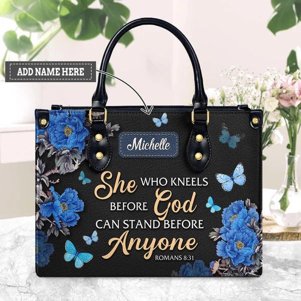 She Who Kneels Before God Romans 8 31 Leather Bag