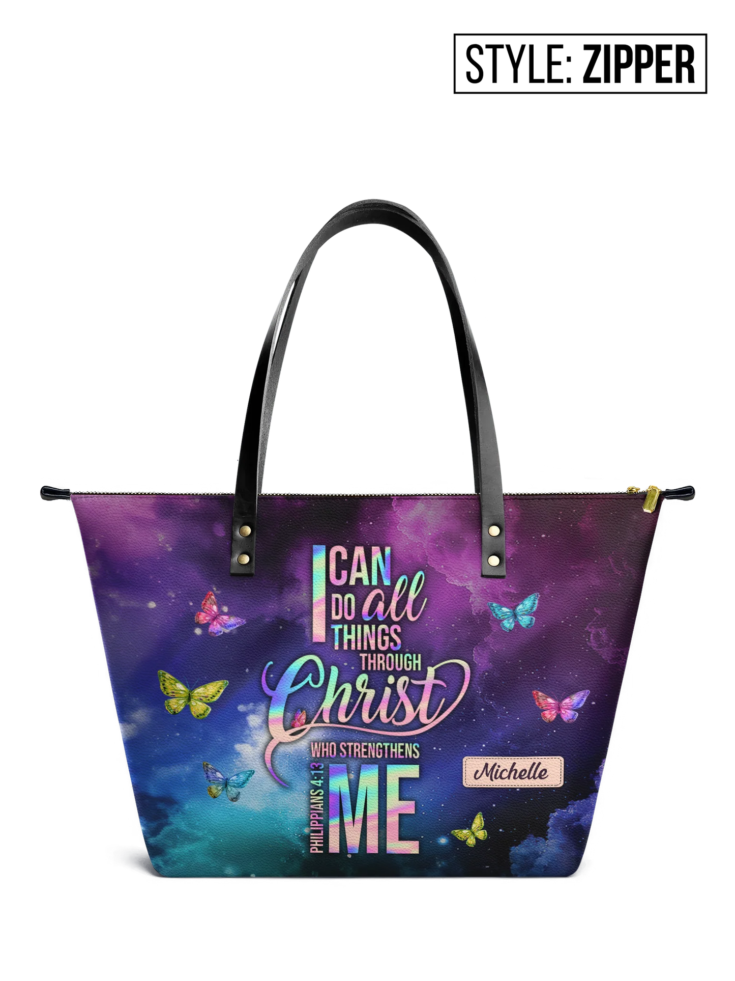 Faith I Can Do All Things Through Christ Philippians 4 13 Butterfly Galaxy Leather Tote Bag