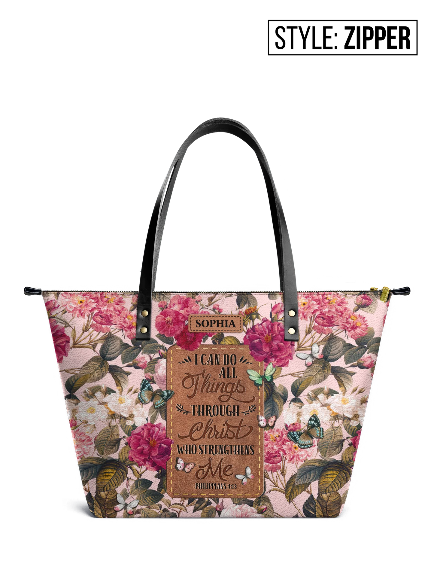I Can Do All Things Through Christ Who Strengthens Me Philippians 4 13 Flower Pattern Leather Tote Bag