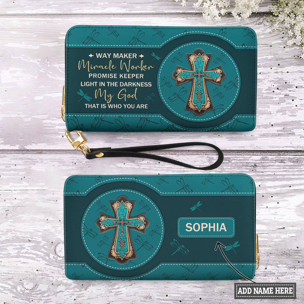 Way Maker Miracle Worker Dragonfly Zip Around Leather Wallet