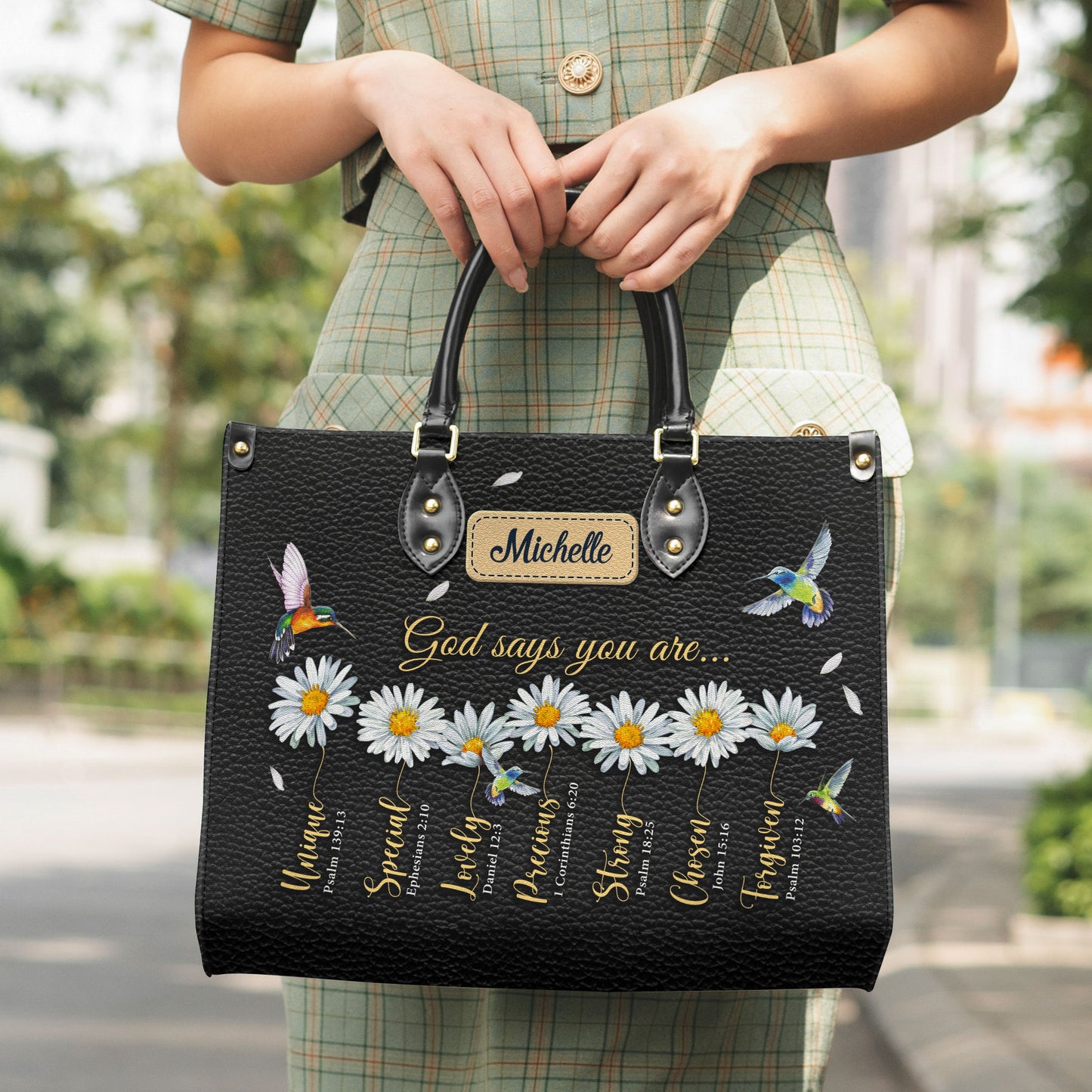 It Is God Who Arms Me With Strength Psalm 18 32 Daisy Dragonfly Leather Bag