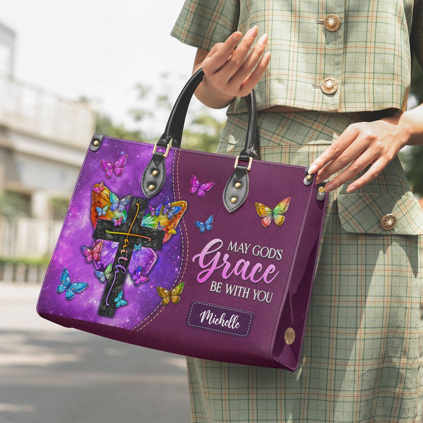 May Gods Grace Be With You Butterfly Galaxy Leather Bag