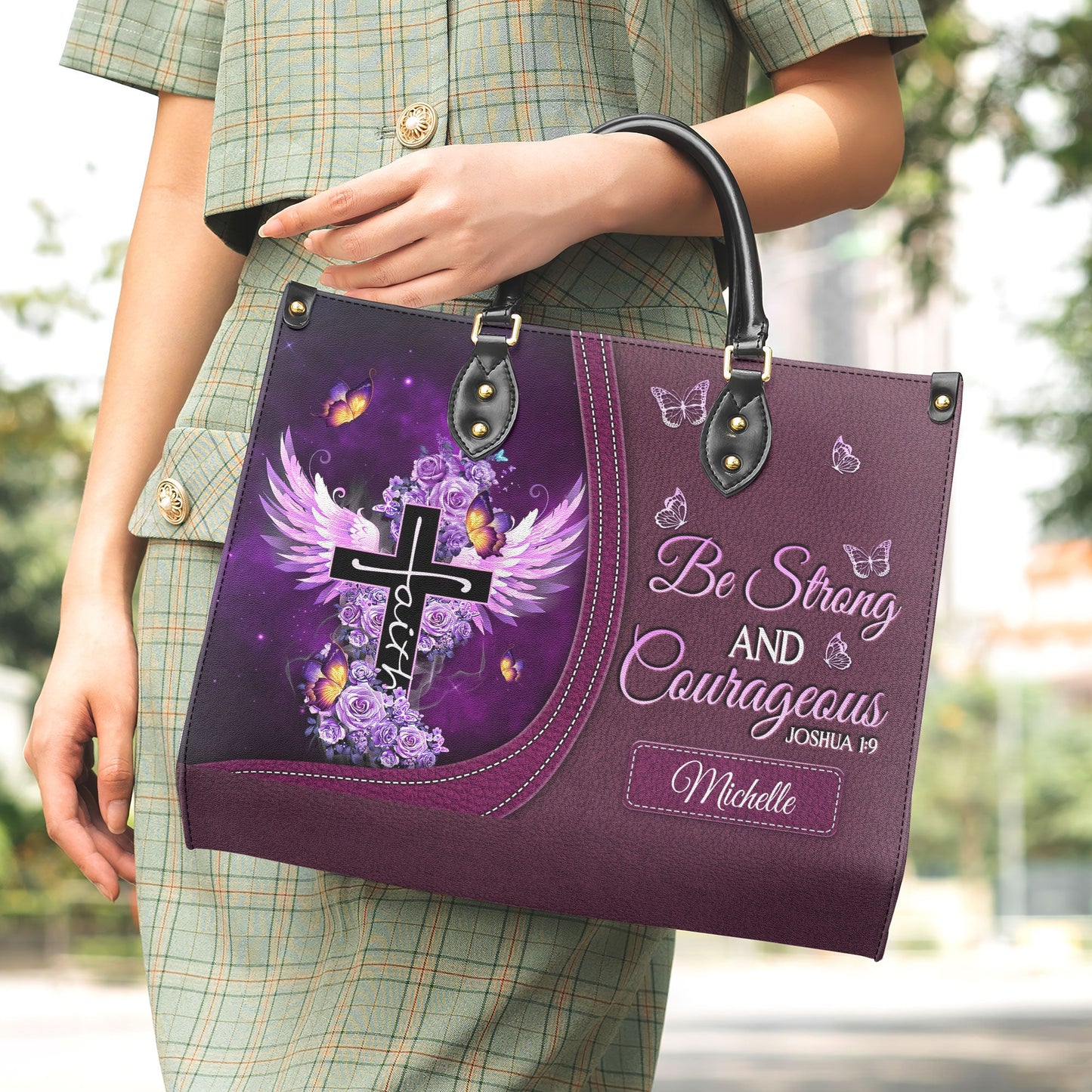 Be Strong And Courageous Joshua 1 9 Butterfly Purple Rose Leather Bag