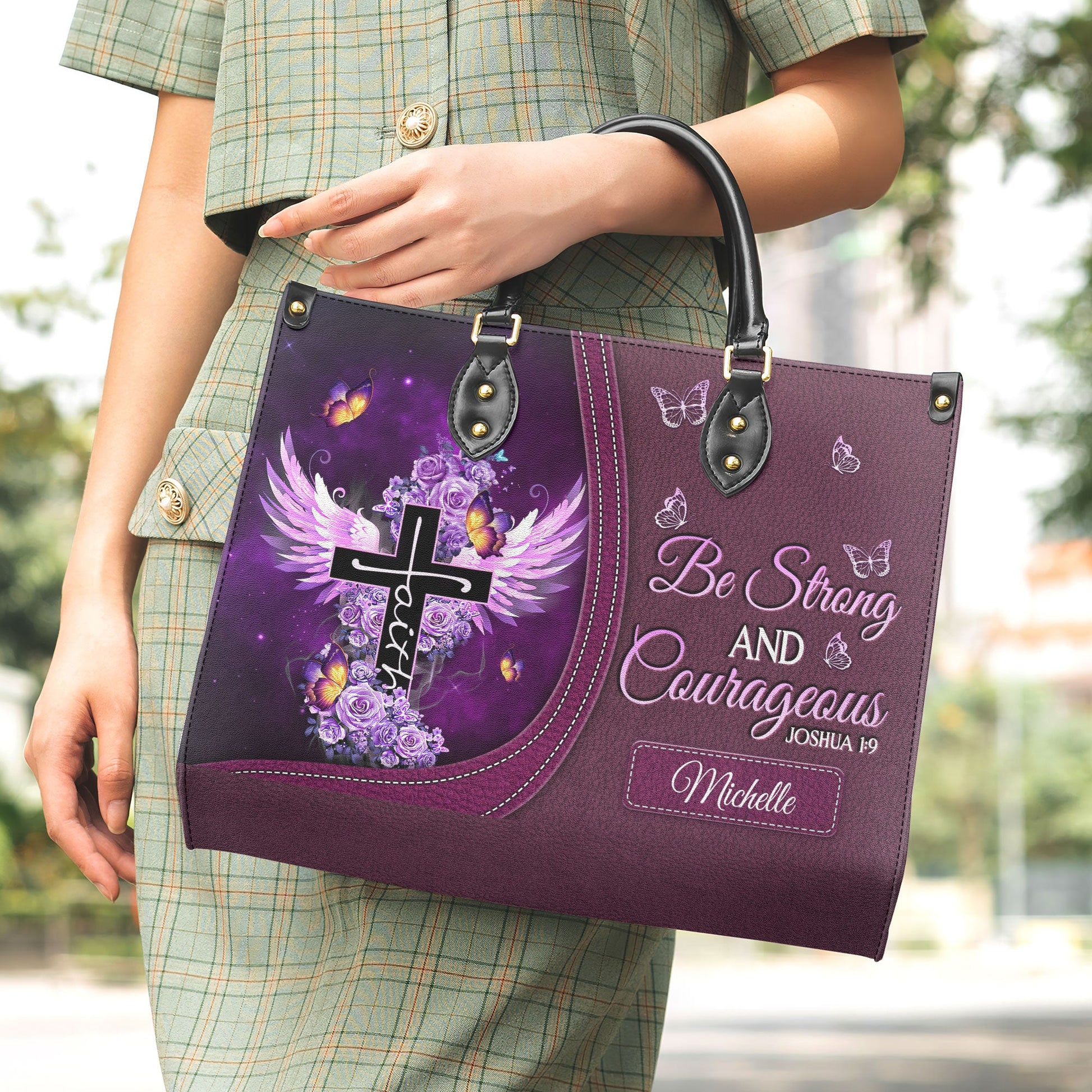 Be Strong And Courageous Joshua 1 9 Butterfly Purple Rose Leather Bag