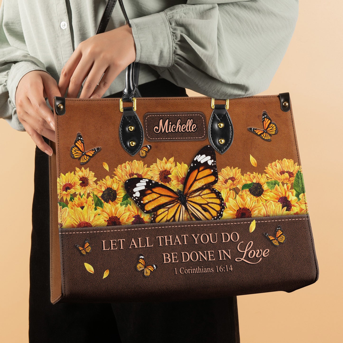 Let All That You Do Be Done In Love 1 Corinthians 16 14 Butterfly Sunflower Leather Bag