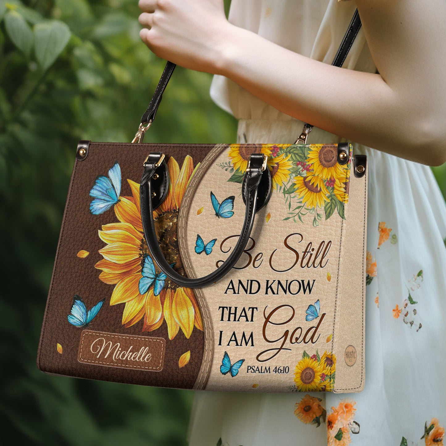 Be Still And Know That I Am God Psalm 46 10 Sunflower Butterfly Leather Bag