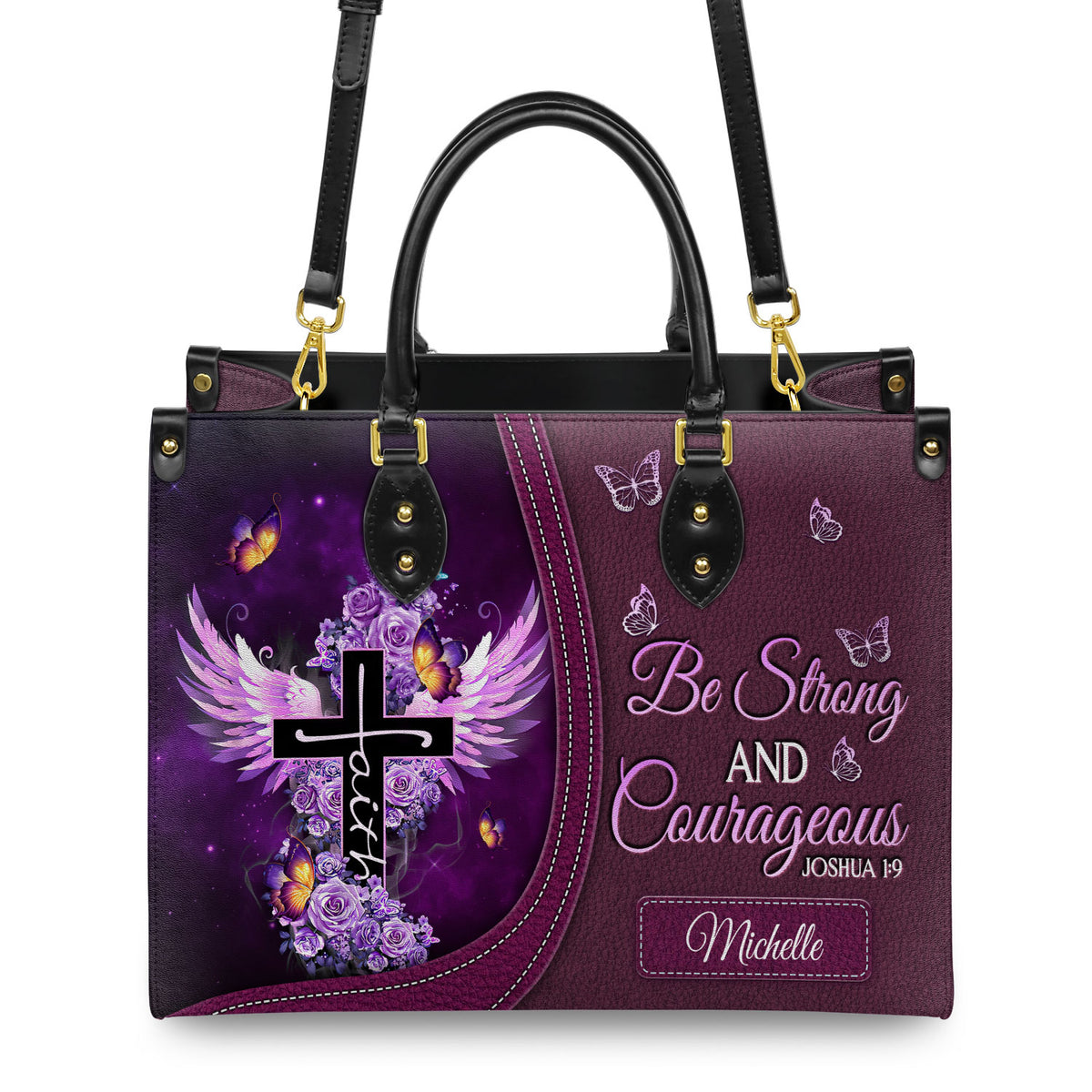 Be Strong And Courageous Joshua 1 9 Butterfly Purple Rose Leather Bag