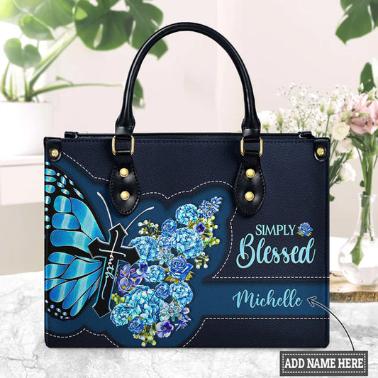 Simply Blessed Blue Butterfly Flower Leather Bag