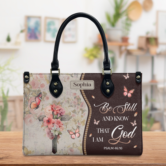 Faith Cross Butterfly Flower Custom Quote Leather Bag