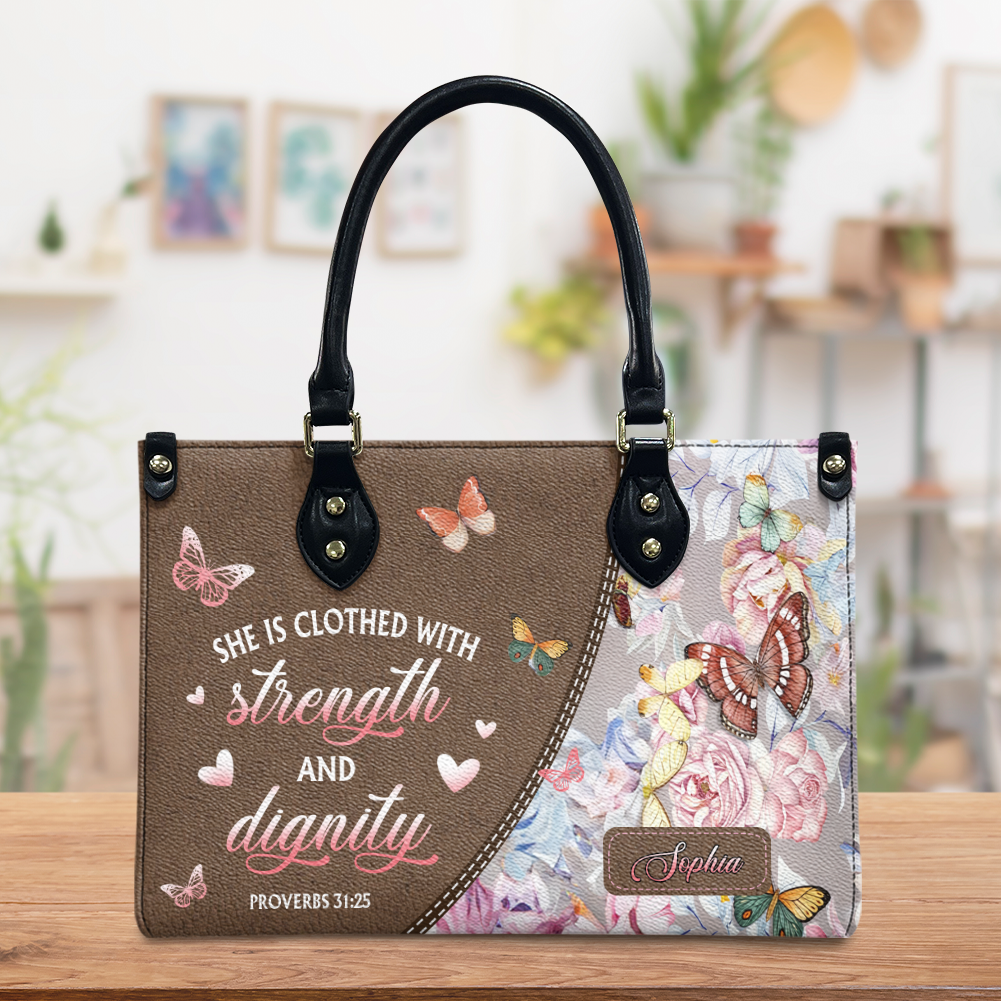 She Is Clothed With Strength And Dignity Proverbs 31 25 Butterfly Flower Leather Bag
