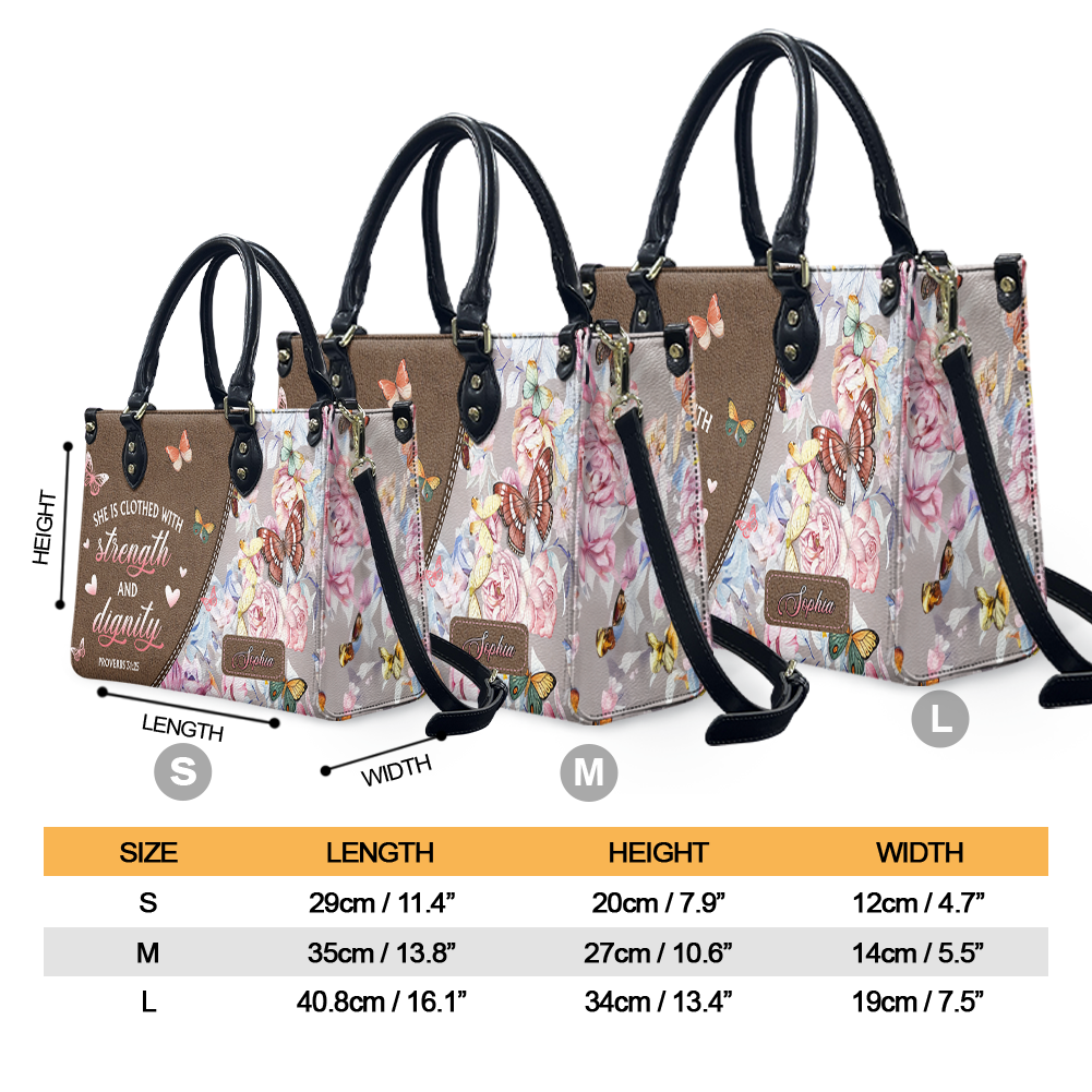 She Is Clothed With Strength And Dignity Proverbs 31 25 Butterfly Flower Leather Bag