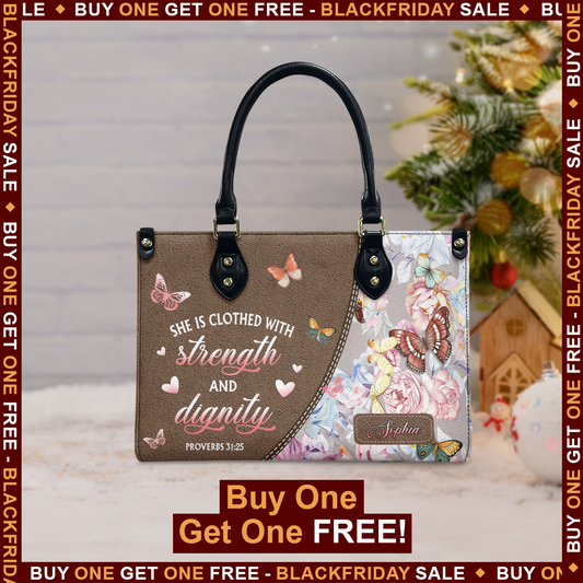 She Is Clothed With Strength And Dignity Proverbs 31 25 Butterfly Flower Leather Bag