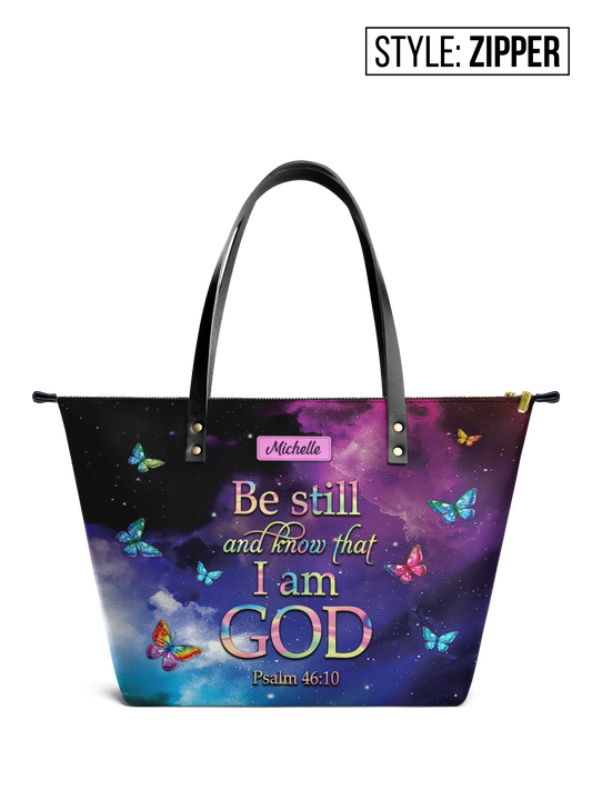 Be Still And Know That I Am God Colorful Butterfly Psalm 46 10 Leather Tote Bag