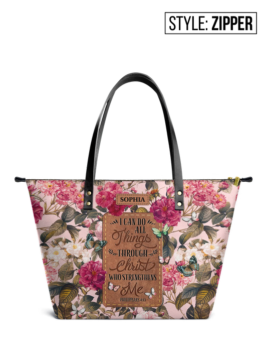 I Can Do All Things Through Christ Who Strengthens Me Philippians 4 13 Flower Pattern Leather Tote Bag