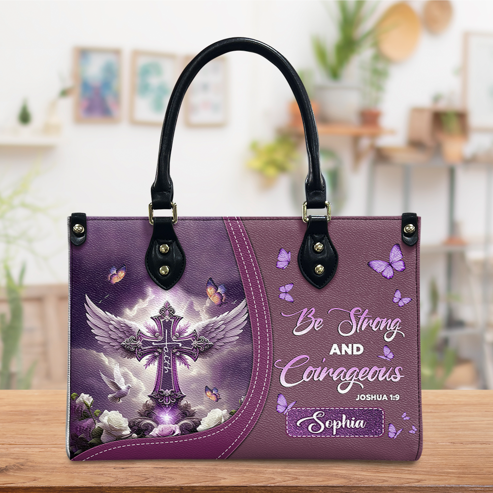 Be Strong And Courageous Joshua 1 9 Butterfly Purple Rose Leather Bag