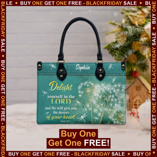 Delight Yourself In The Lord Psalm 37 4 Dandelion Dragonfly Leather Bag