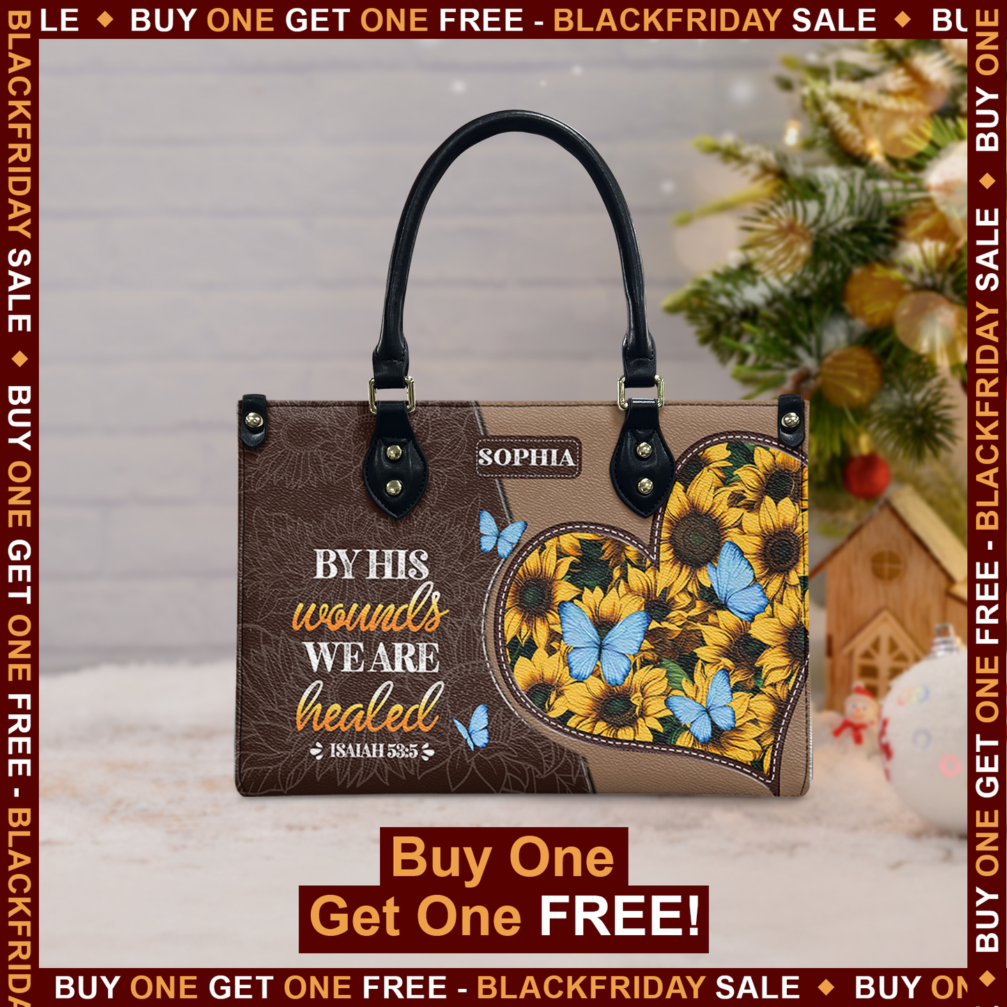 Faith Sunflower Butterfly Custom Quote Leather Bag