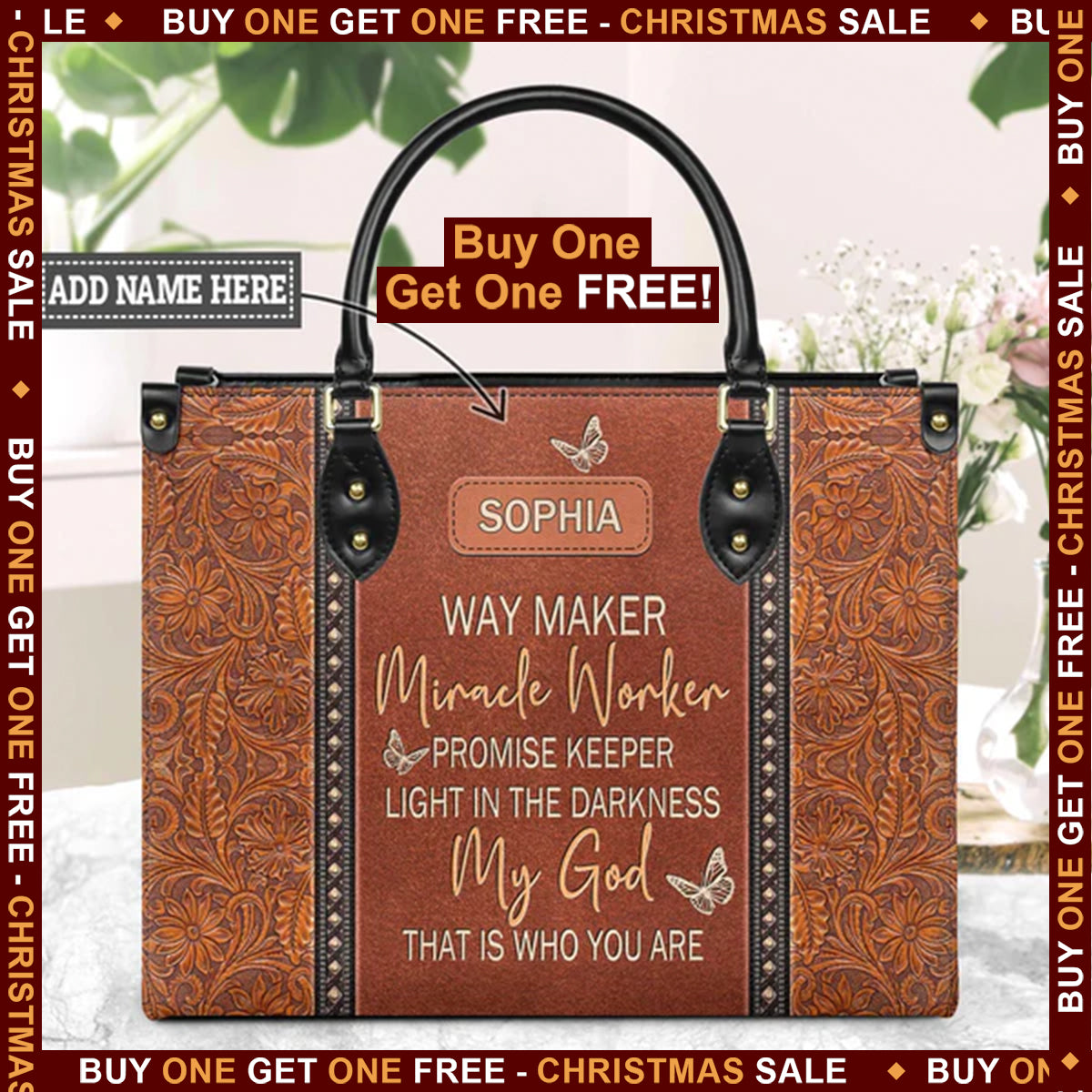 Way Maker Miracle Worker Butterfly Carving Style Leather Bag